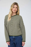 Striped Raw Edge Drop Shoulder Knit Cardigan: Olive Green