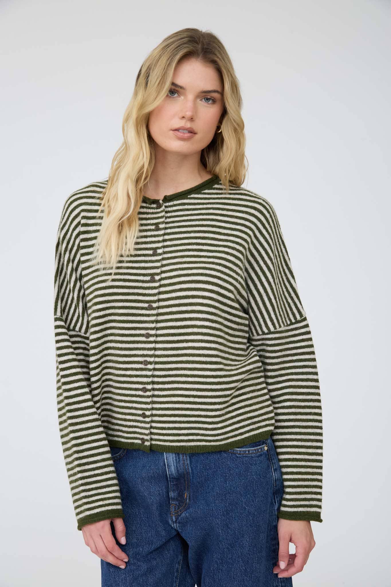 Striped Raw Edge Drop Shoulder Knit Cardigan: Olive Green