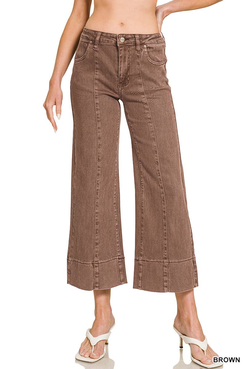 Mid Rise Wide Leg Cropped Color Denim Pants: BROWN