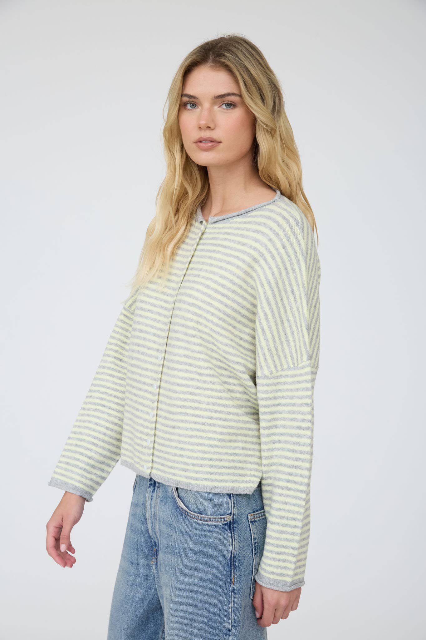 STRIPE RAW EDGE DROP SHOULDER KNIT CARDIGAN : BUTTER YELLOW