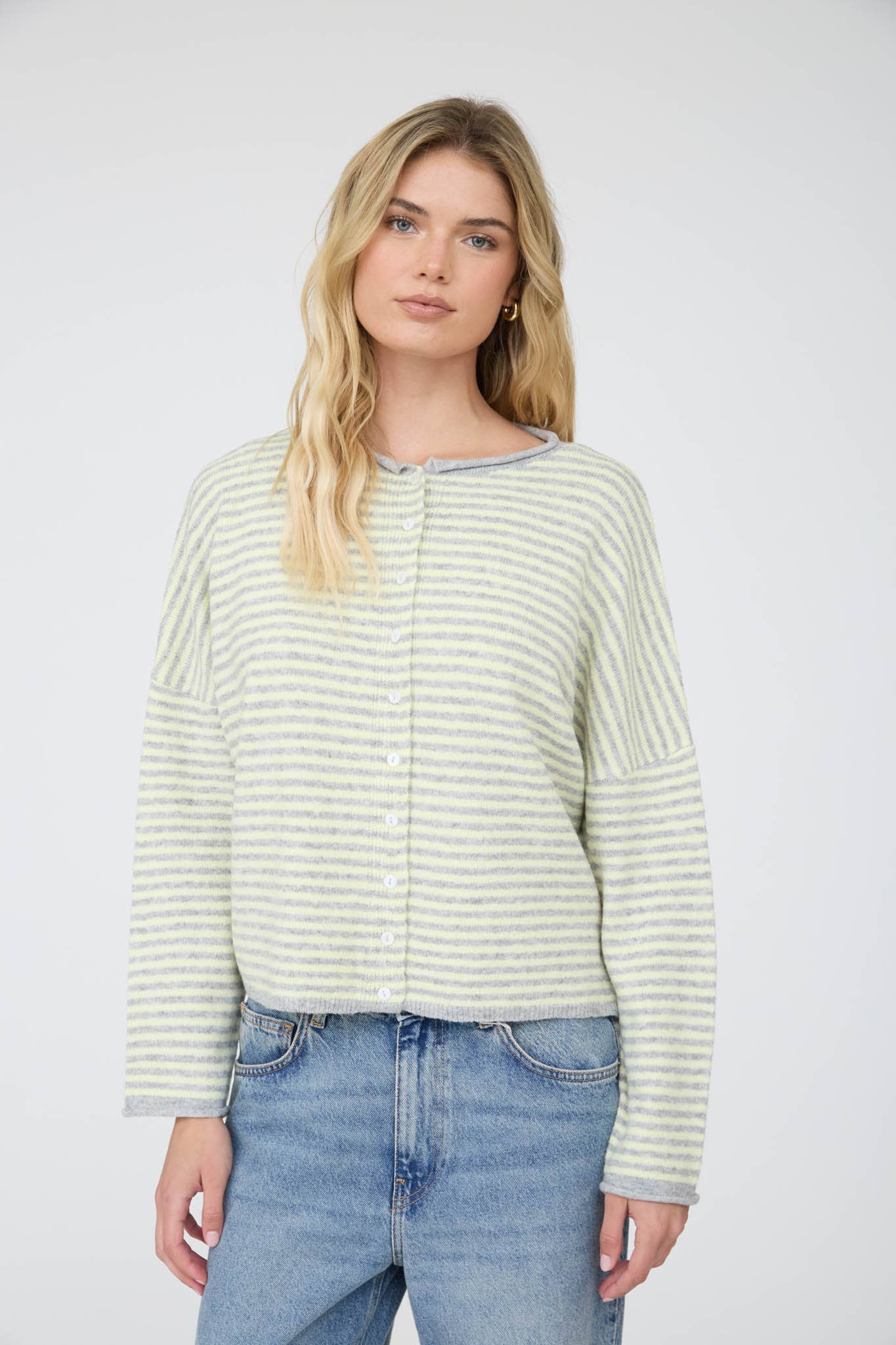 STRIPE RAW EDGE DROP SHOULDER KNIT CARDIGAN : BUTTER YELLOW