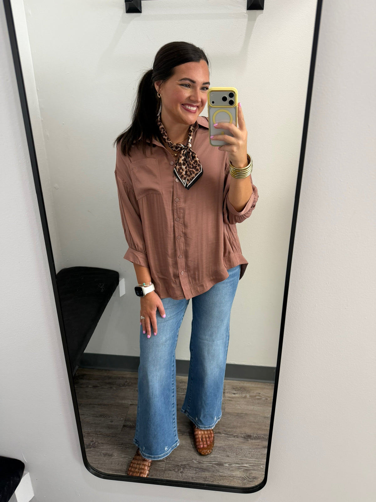 Silky Satin 3/4 Sleeve Button Up Blouse