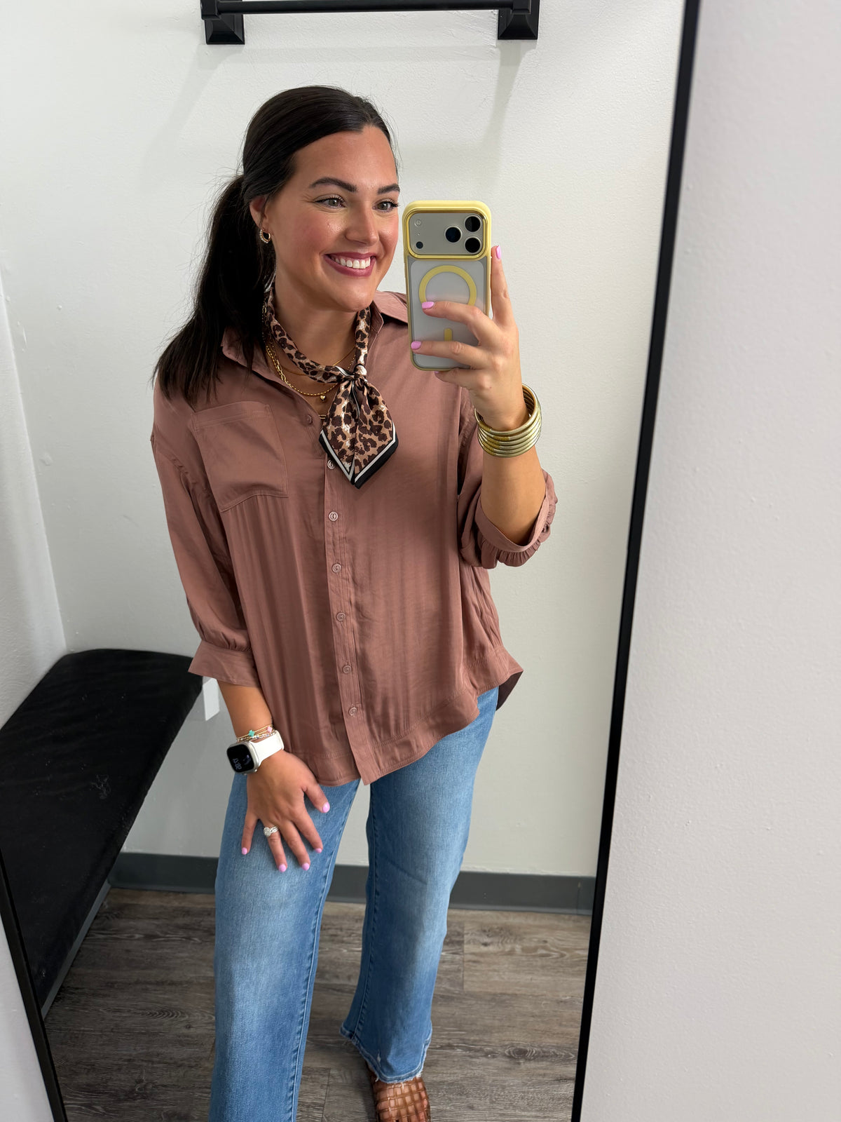 Silky Satin 3/4 Sleeve Button Up Blouse