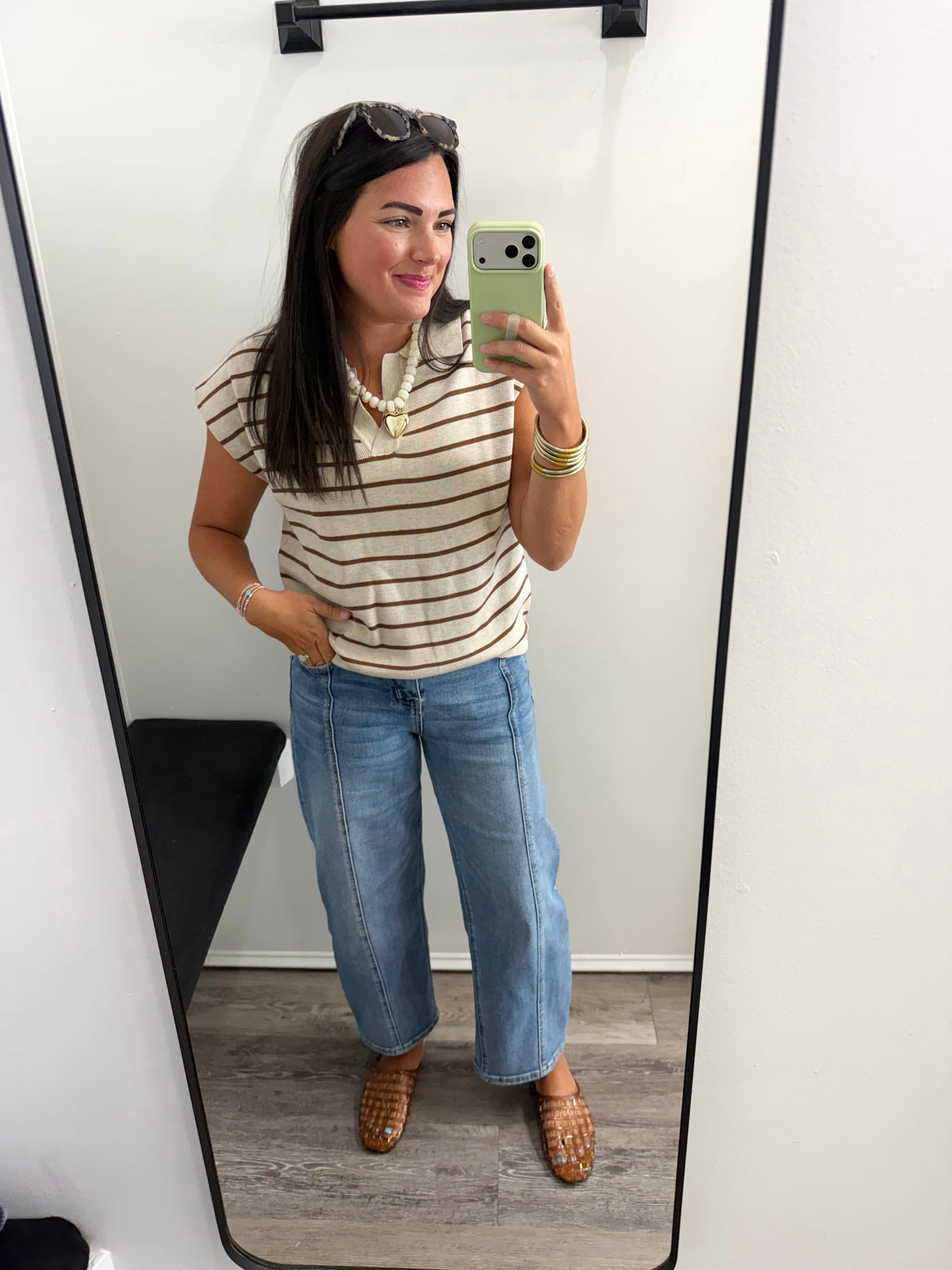 Collared Striped Short Sleeve Sweater