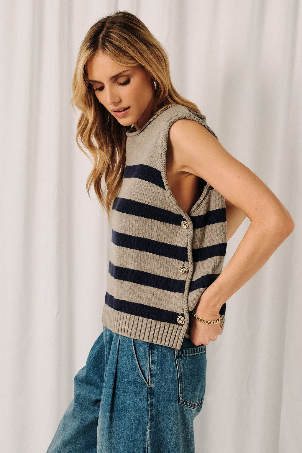 Boxy Striped Sweater Vest Side Buttons