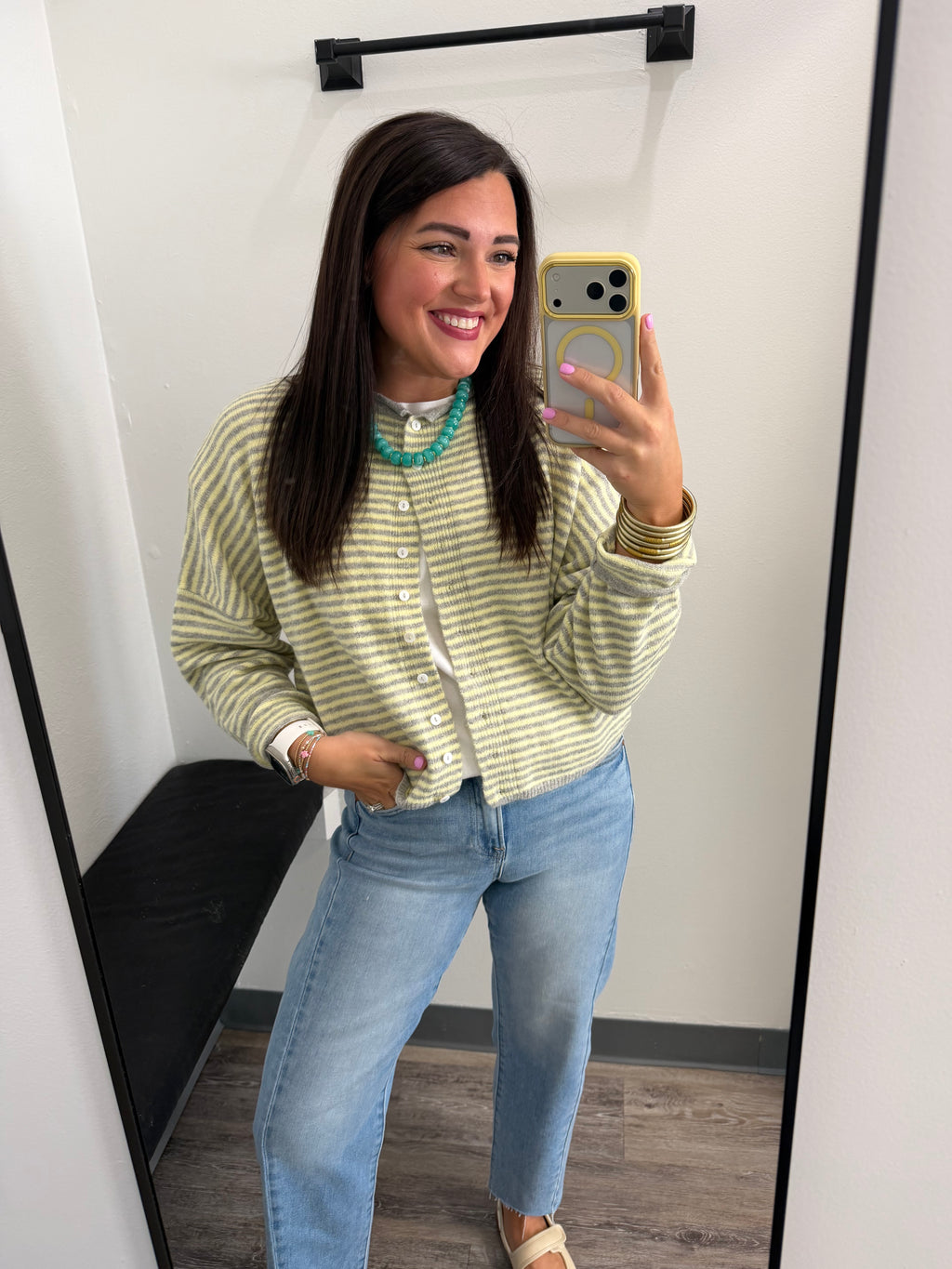 Striped Raw Edge Drop Shoulder Knit Cardigan: Butter Yellow