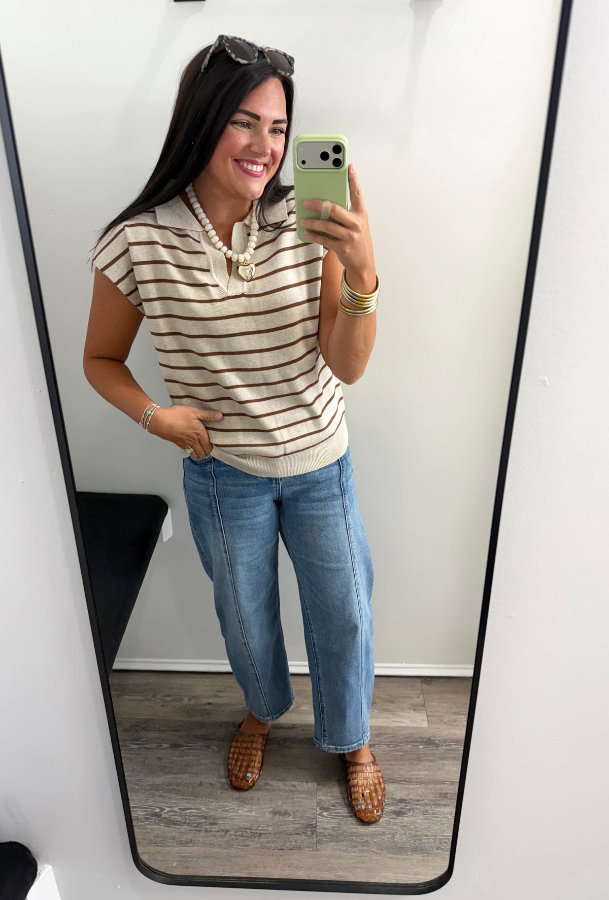 Collared Striped Short Sleeve Sweater