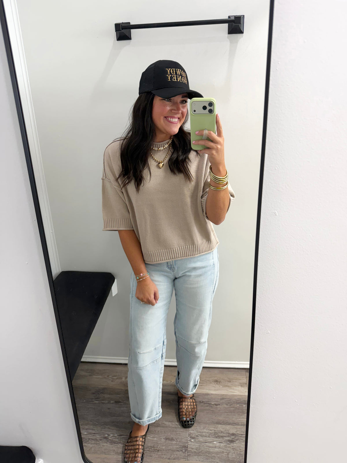 Exposed Seam Drop Shoulder Short Sleeve Top: Steel
