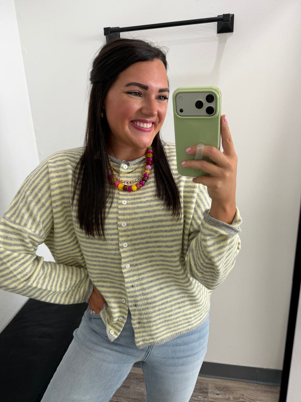 Striped Raw Edge Drop Shoulder Knit Cardigan: Butter Yellow