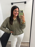 Striped Raw Edge Drop Shoulder Knit Cardigan: Olive Green