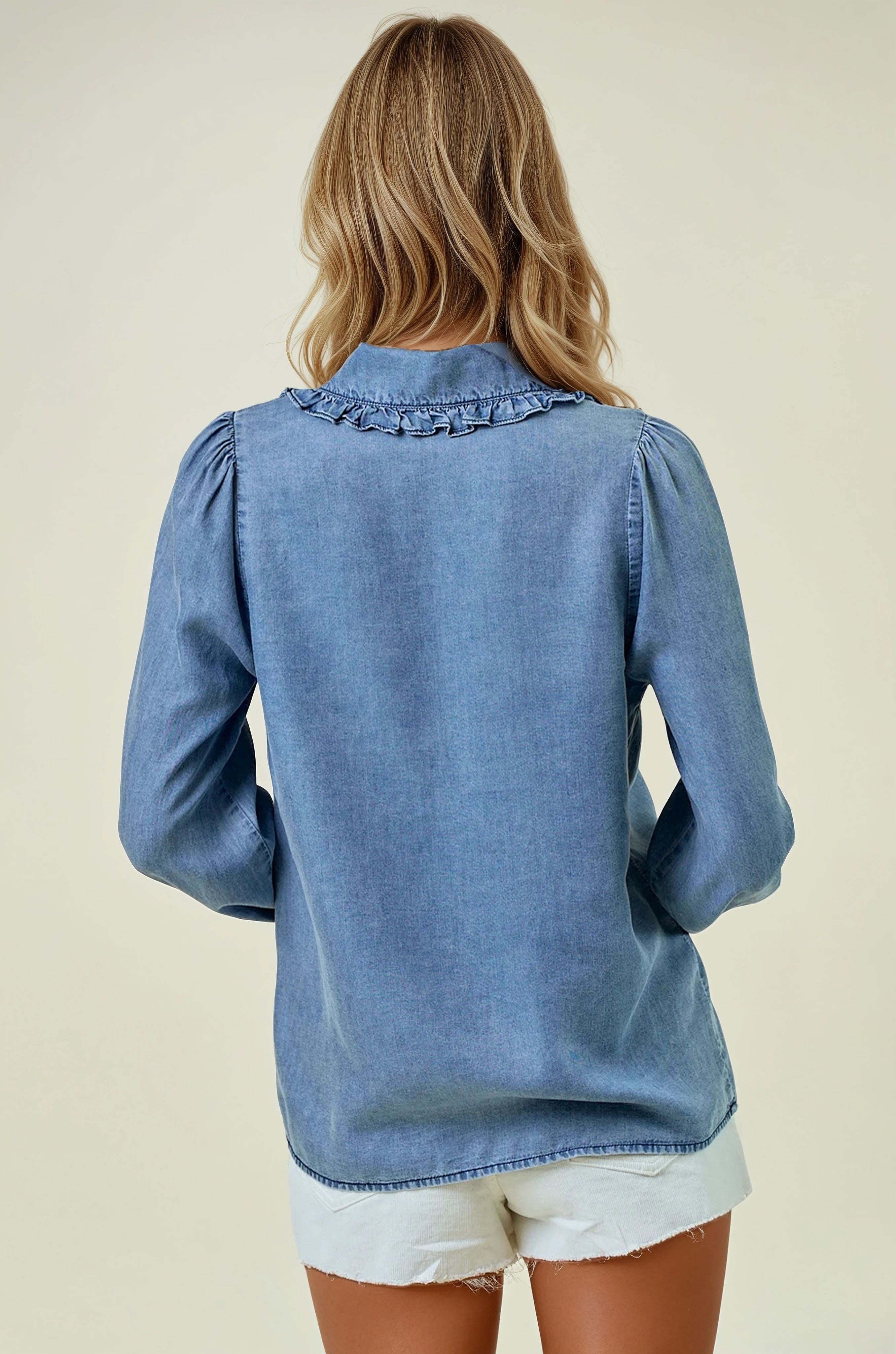 Tencel Denim Long Sleeve Button Down Shirt Blouse