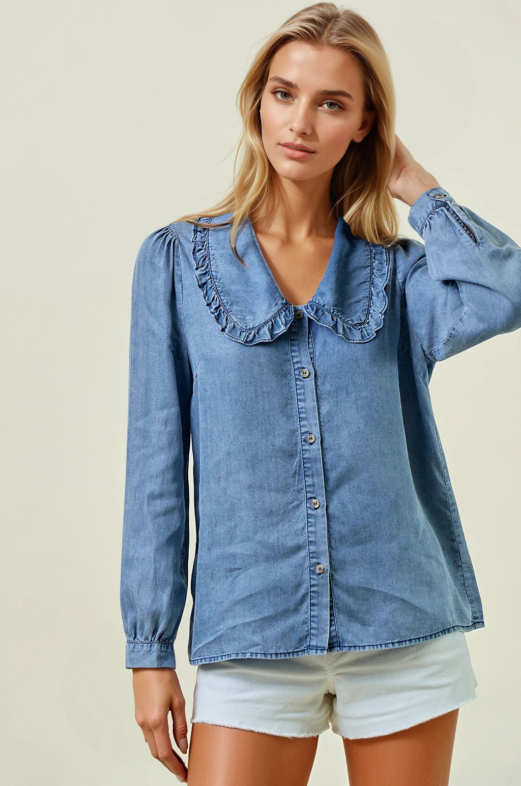 Tencel Denim Long Sleeve Button Down Shirt Blouse
