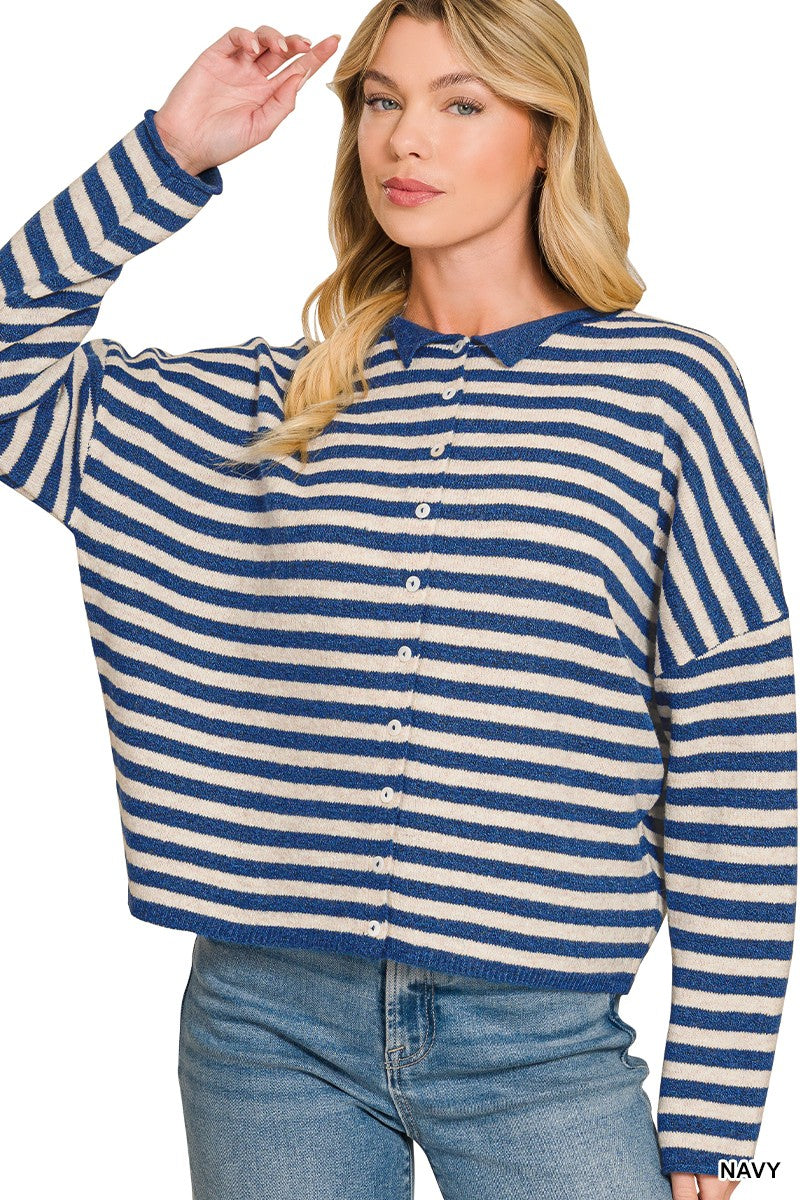 Striped Button Down Sweater Cardigan