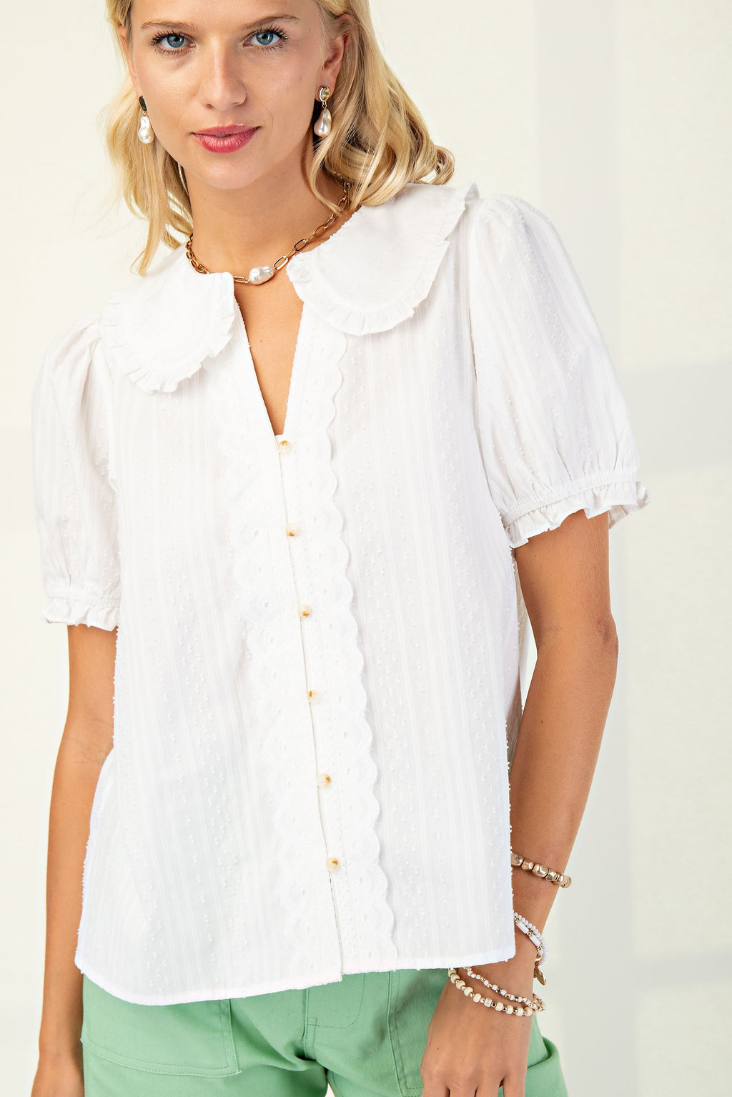 Short Puff Sleeve Blouse With Peter Pan Collar