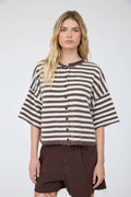 Striped Raw Edge Short Sleeve Button Down Cardigan: Chocolate Brown